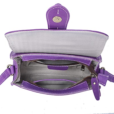 Purple Genuine Leather Flower Embossed Crossbody Bag