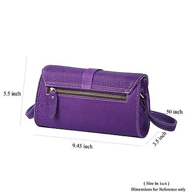 Purple Genuine Leather Flower Embossed Crossbody Bag