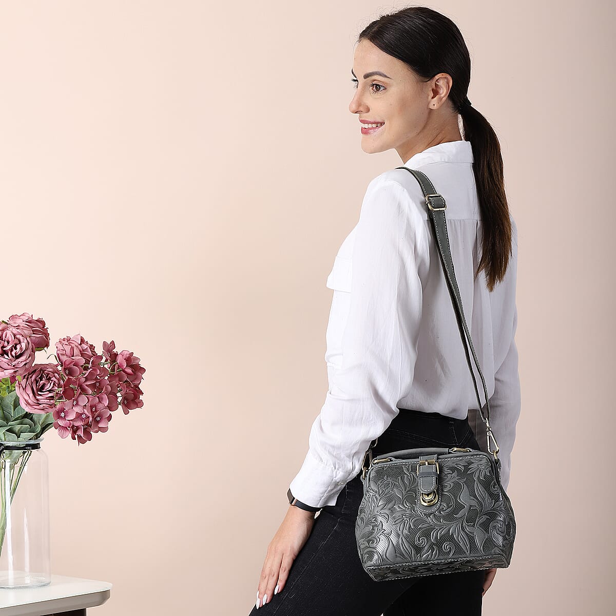 Brown Genuine Leather Leaves Embossed Pattern Crossbody Bag with Handle Drop and Shoulder Strap image number 1