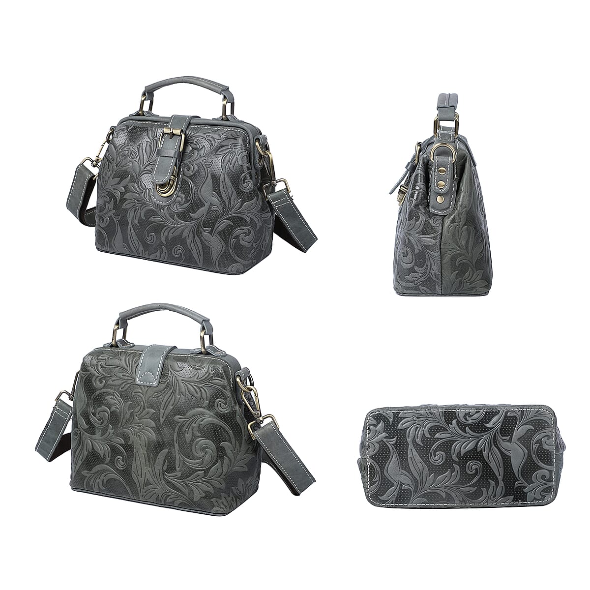 Brown Genuine Leather Leaves Embossed Pattern Crossbody Bag with Handle Drop and Shoulder Strap image number 5