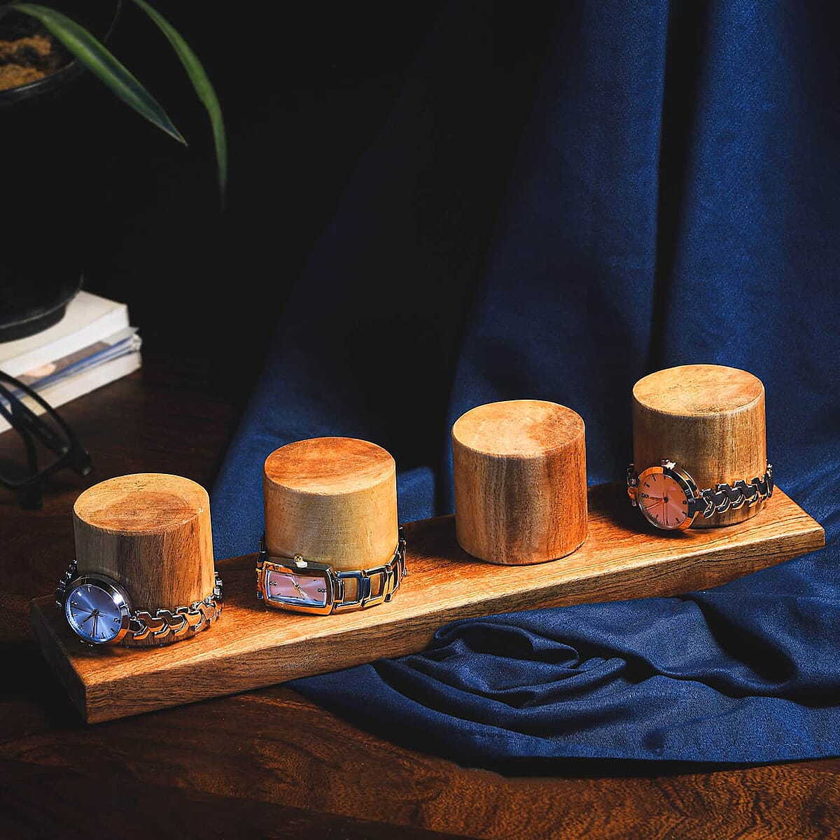 Wooden Watches Holder Stand (4 Watches Hold), 4 Slot Handmade Wooden Watch Display Case Organizer Stand image number 1