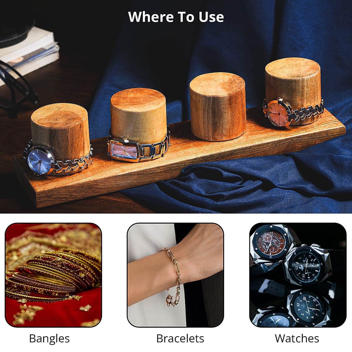 Wooden Watches Holder Stand (4 Watches Hold), 4 Slot Handmade Wooden Watch Display Case Organizer Stand image number 3