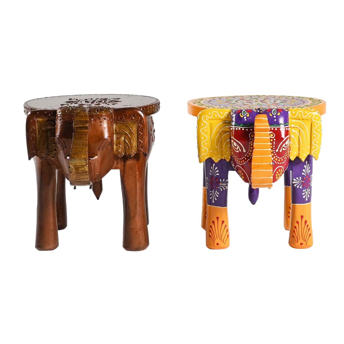 Set of 2 Hand Painted Colored Wooden Elephant Stool image number 0
