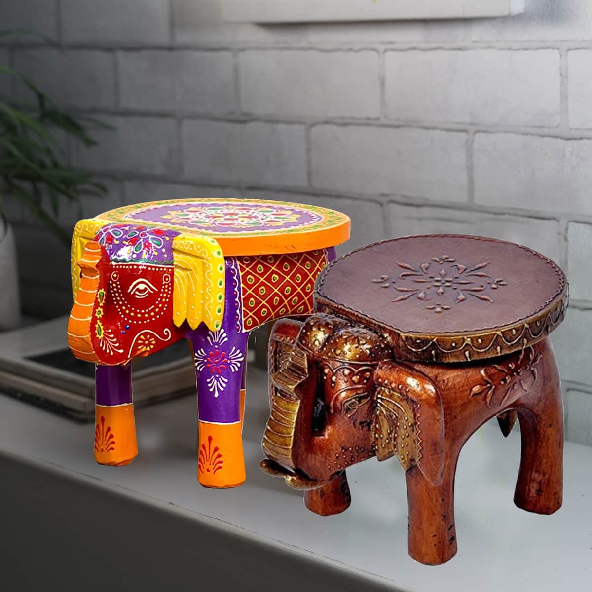 Set of 2 Hand Painted Colored Wooden Elephant Stool image number 1