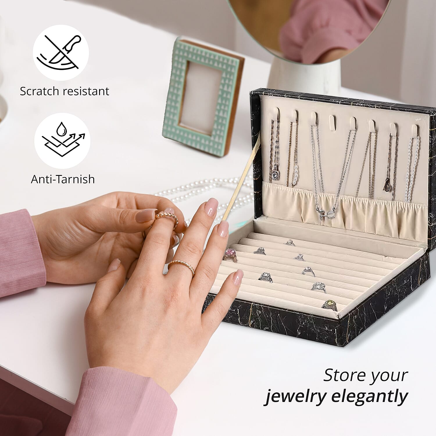 Black Marble Pattern Faux Leather Jewelry Organizer Box with Anti Tarnish Lining (8 Necklace Hooks & Hold up to Approx 90-100 Rings)