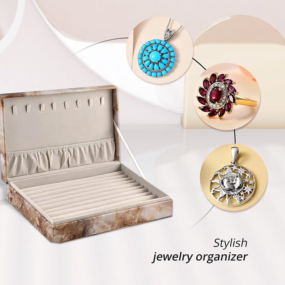 Light Brown Marble Pattern Faux Leather Jewelry Organizer Box with Anti Tarnish Lining (8 Necklace Hooks & Hold up to Approx 90-100 Rings) image number 1