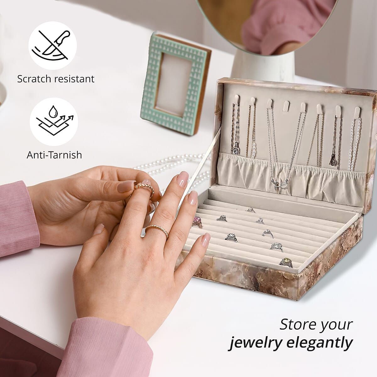 Light Brown Marble Pattern Faux Leather Jewelry Organizer Box with Anti Tarnish Lining (8 Necklace Hooks & Hold up to Approx 90-100 Rings) image number 2