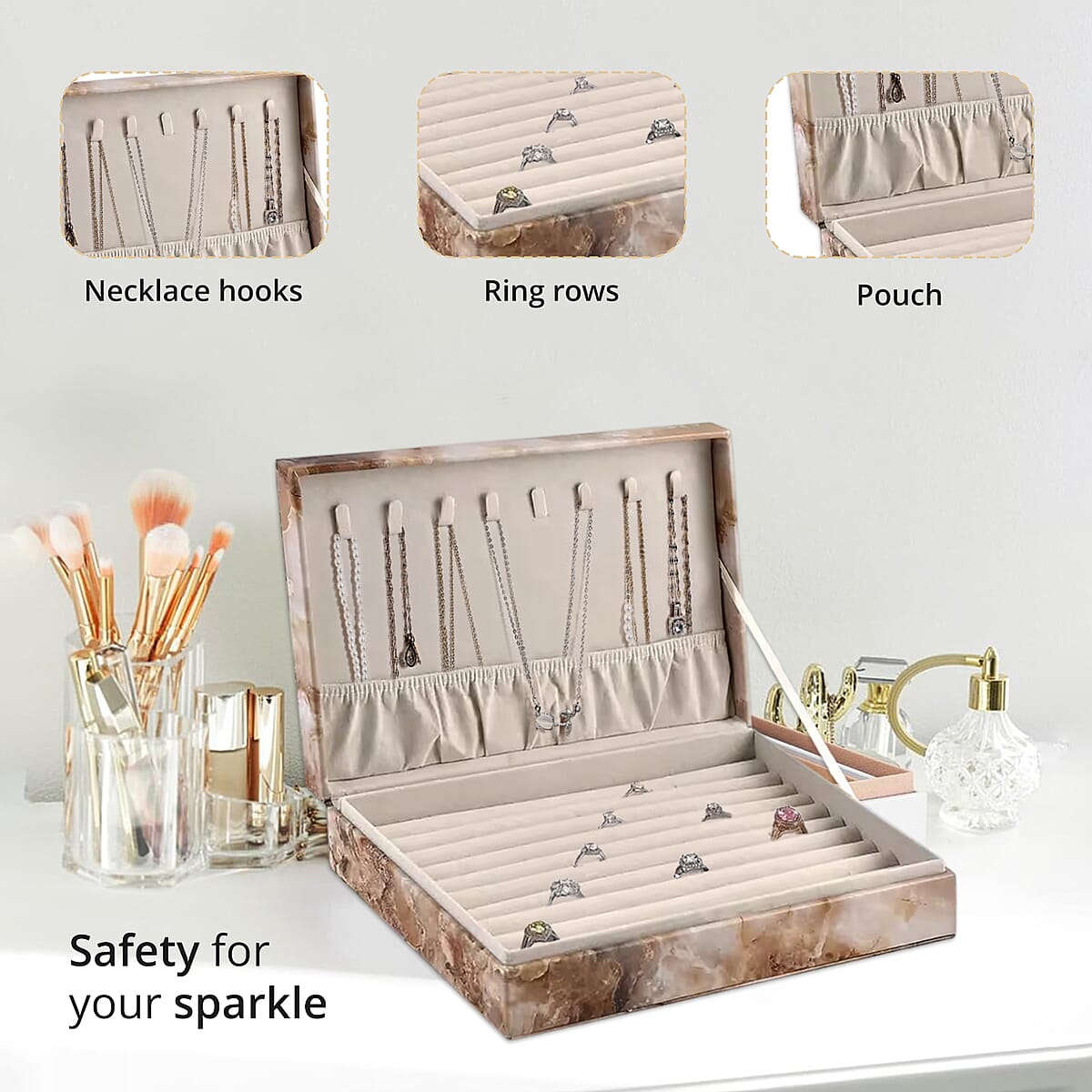 Light Brown Marble Pattern Faux Leather Jewelry Organizer Box with Anti Tarnish Lining (8 Necklace Hooks & Hold up to Approx 90-100 Rings) image number 3