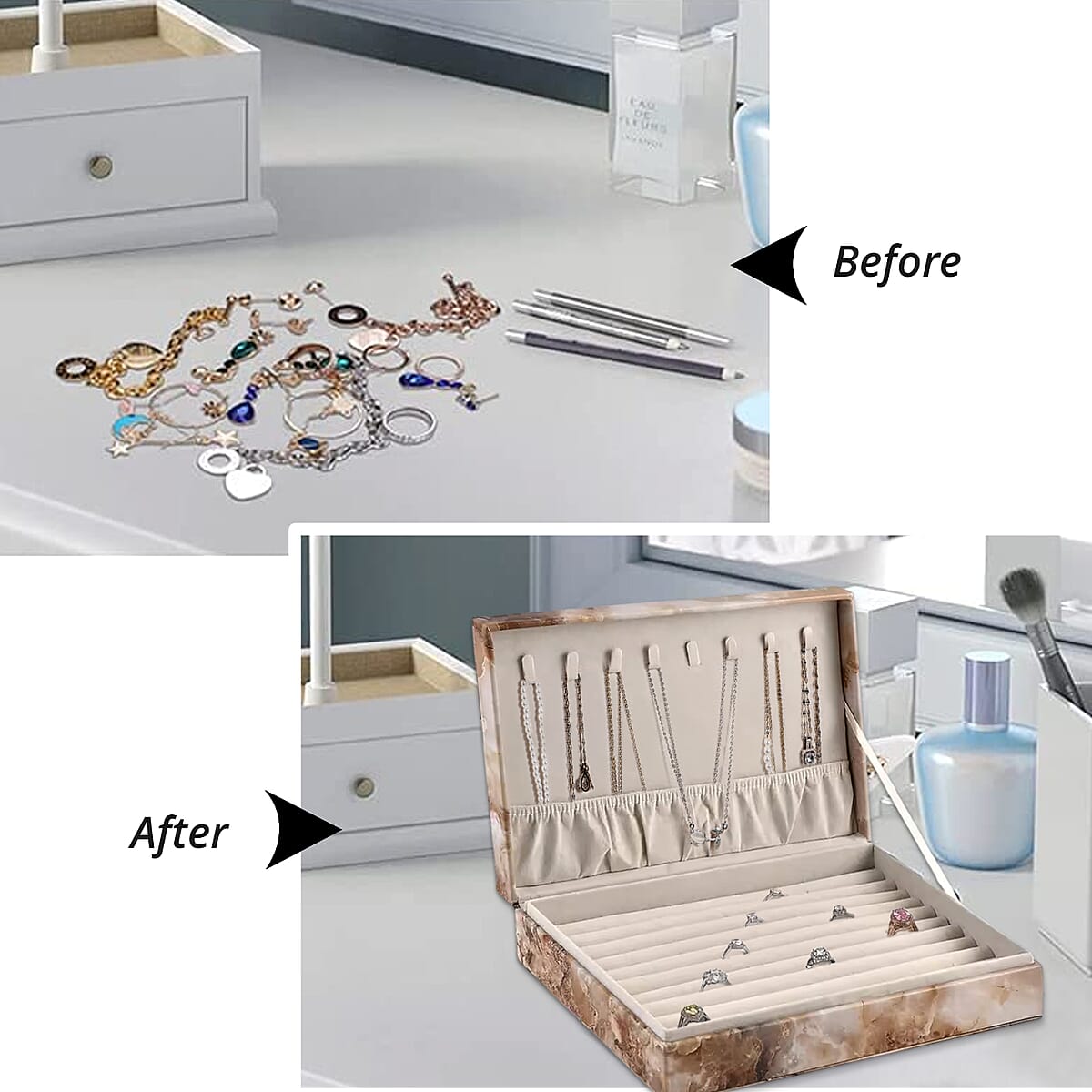 Light Brown Marble Pattern Faux Leather Jewelry Organizer Box with Anti Tarnish Lining (8 Necklace Hooks & Hold up to Approx 90-100 Rings) image number 4