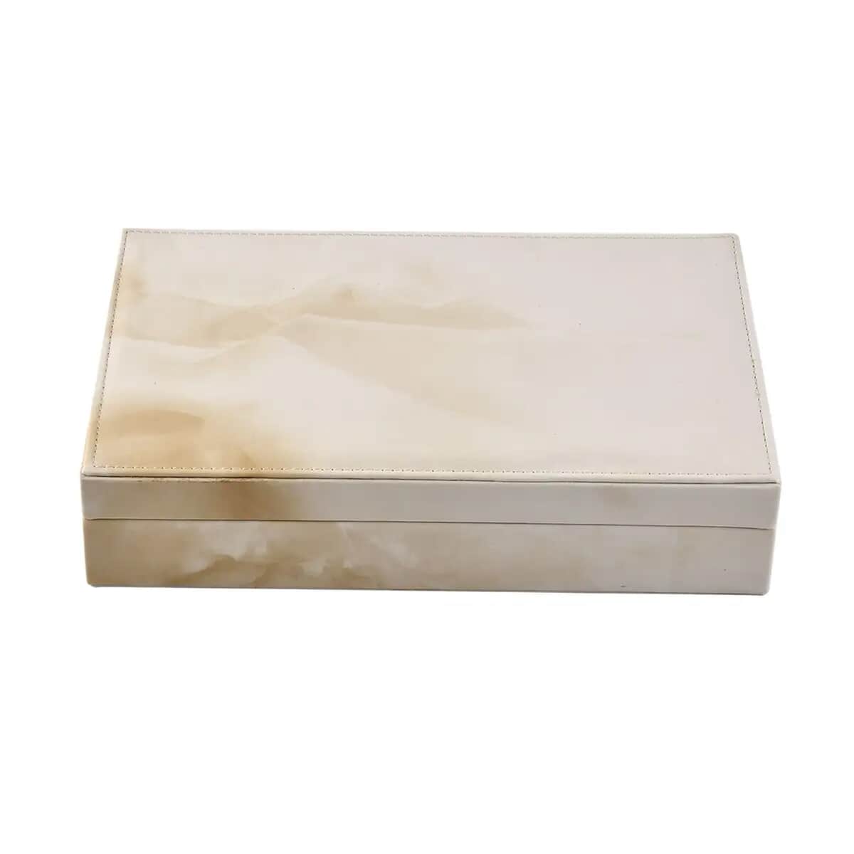 Cream Marble Pattern Faux Leather Ring Box with Anti Tarnish Lining (8 Necklace Hooks & Hold up to Approx 90-100 Rings), Jewelry Box, Jewelry Organizer, Jewelry Holder, Travel Jewelry Case, Jewelry Storage image number 0