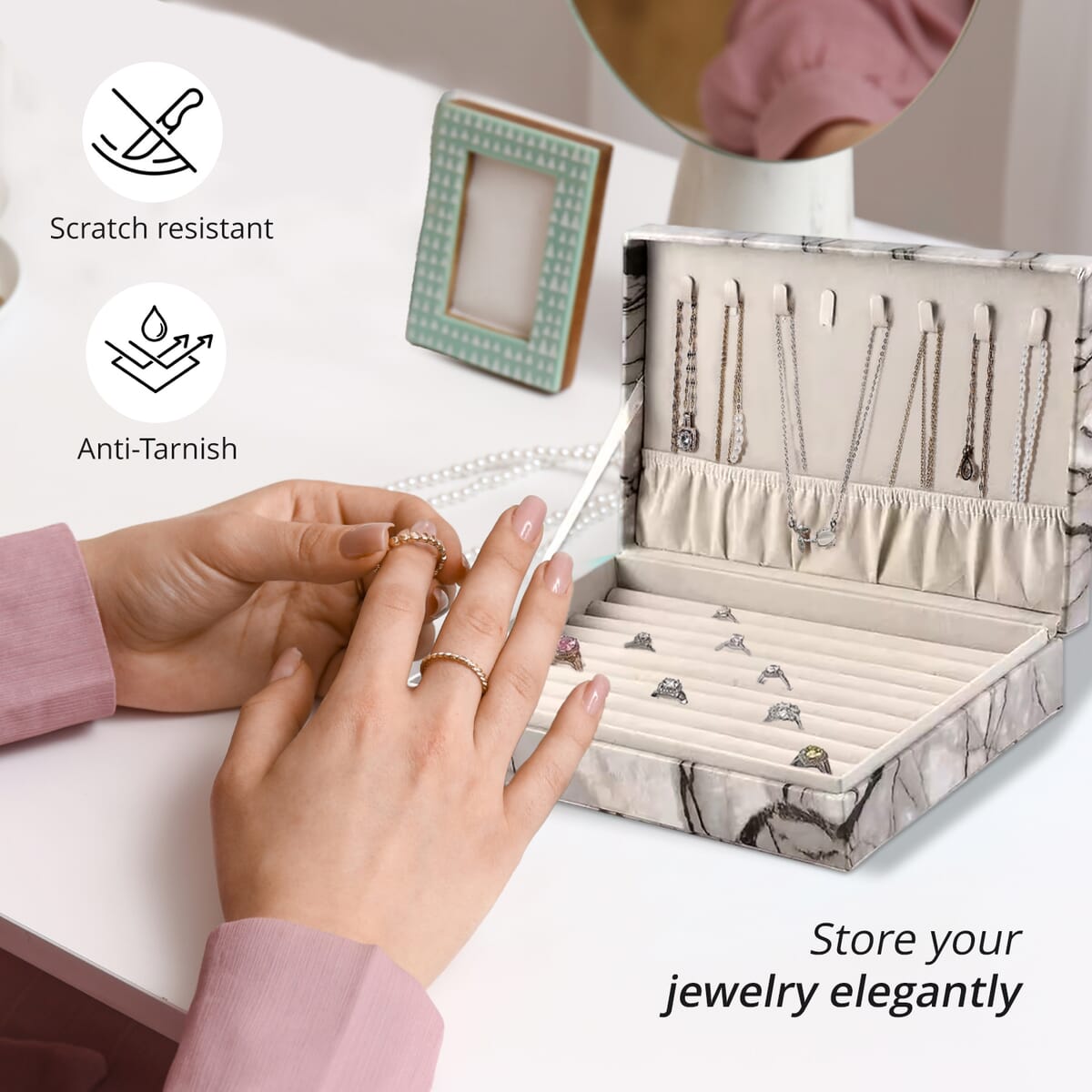 Gray Marble Pattern Faux Leather Jewelry Organizer Box with Anti Tarnish Lining (8 Necklace Hooks & Hold up to Approx 90-100 Rings) image number 2