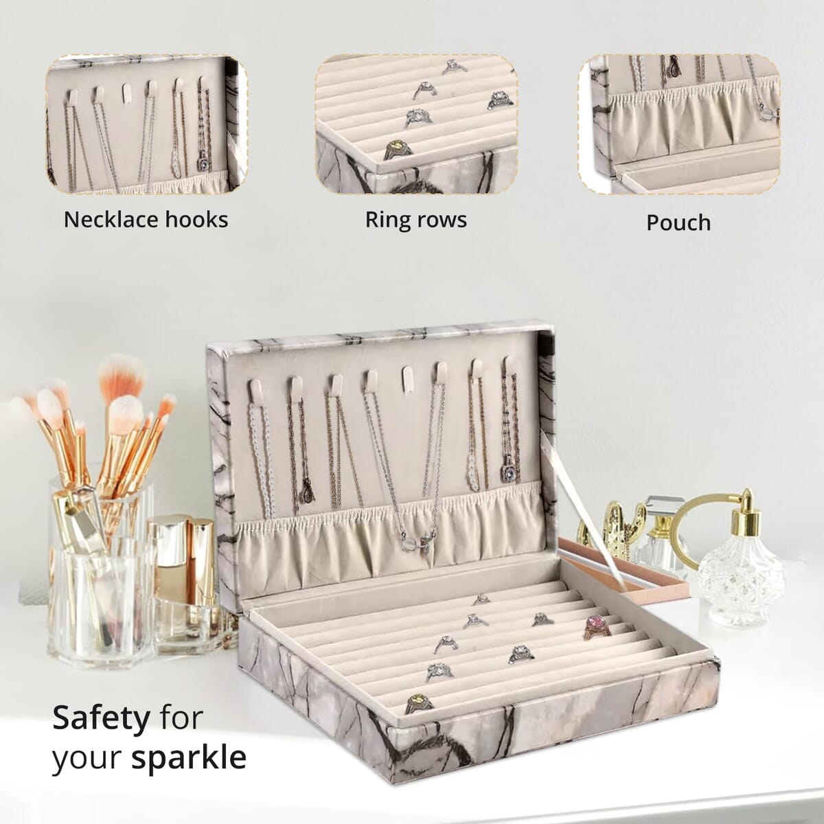 Gray Marble Pattern Faux Leather Jewelry Organizer Box with Anti Tarnish Lining (8 Necklace Hooks & Hold up to Approx 90-100 Rings) image number 3