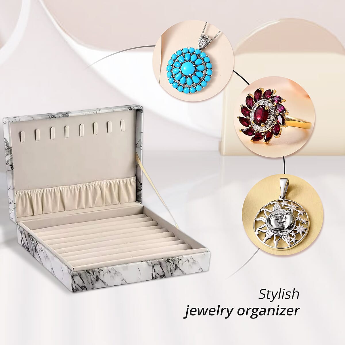 White Marble Pattern Faux Leather Jewelry Organizer Box with Anti Tarnish Lining (8 Necklace Hooks & Hold up to Approx 90-100 Rings) image number 1