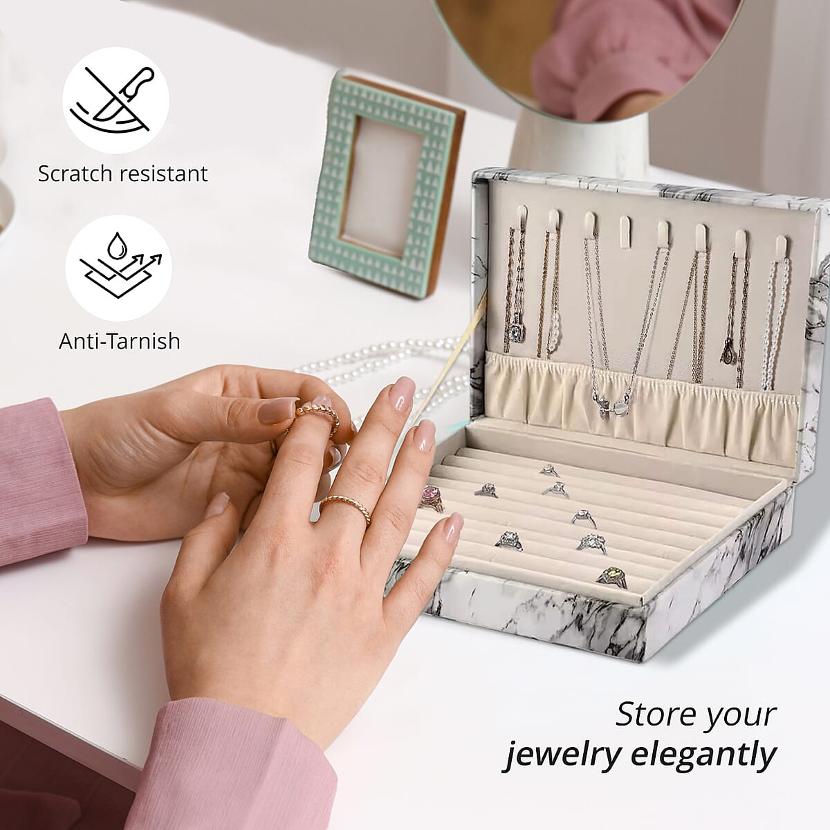 White Marble Pattern Faux Leather Jewelry Organizer Box with Anti Tarnish Lining (8 Necklace Hooks & Hold up to Approx 90-100 Rings) image number 2