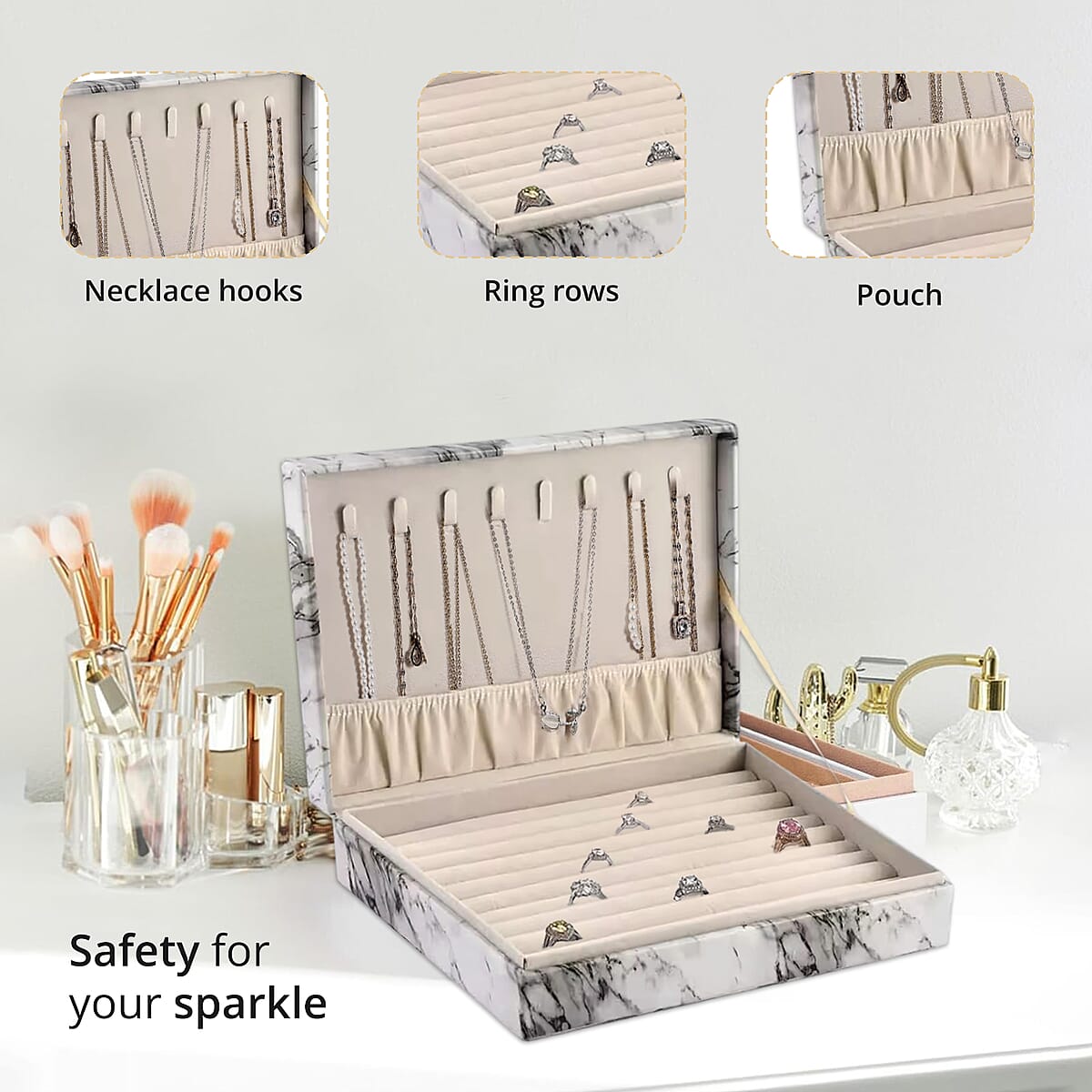 White Marble Pattern Faux Leather Jewelry Organizer Box with Anti Tarnish Lining (8 Necklace Hooks & Hold up to Approx 90-100 Rings) image number 3