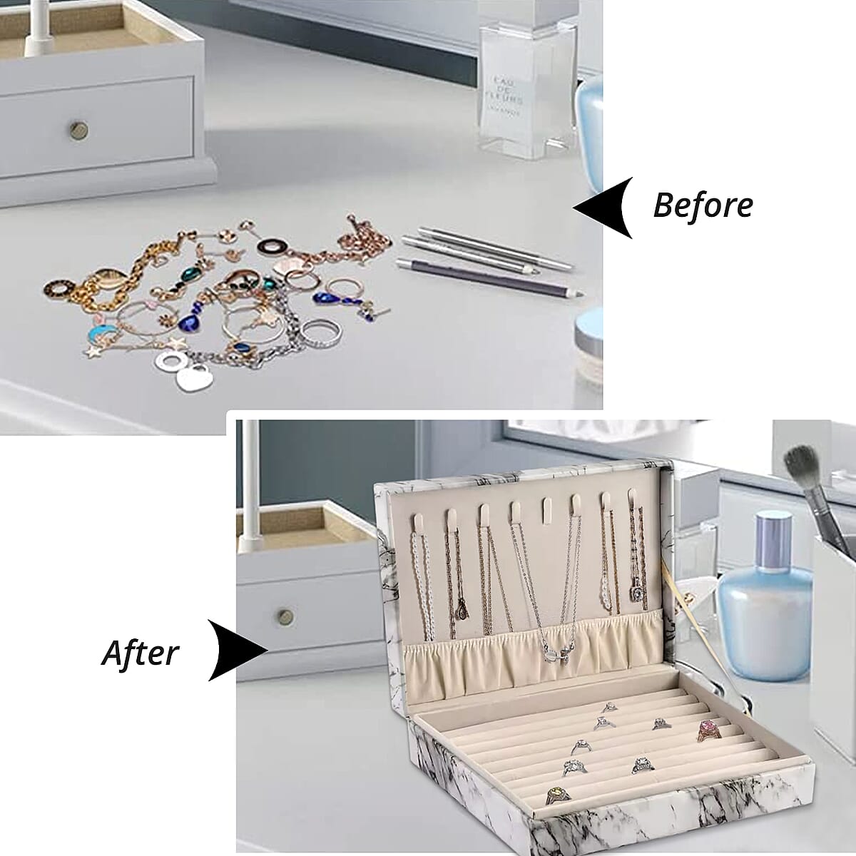 White Marble Pattern Faux Leather Jewelry Organizer Box with Anti Tarnish Lining (8 Necklace Hooks & Hold up to Approx 90-100 Rings) image number 4
