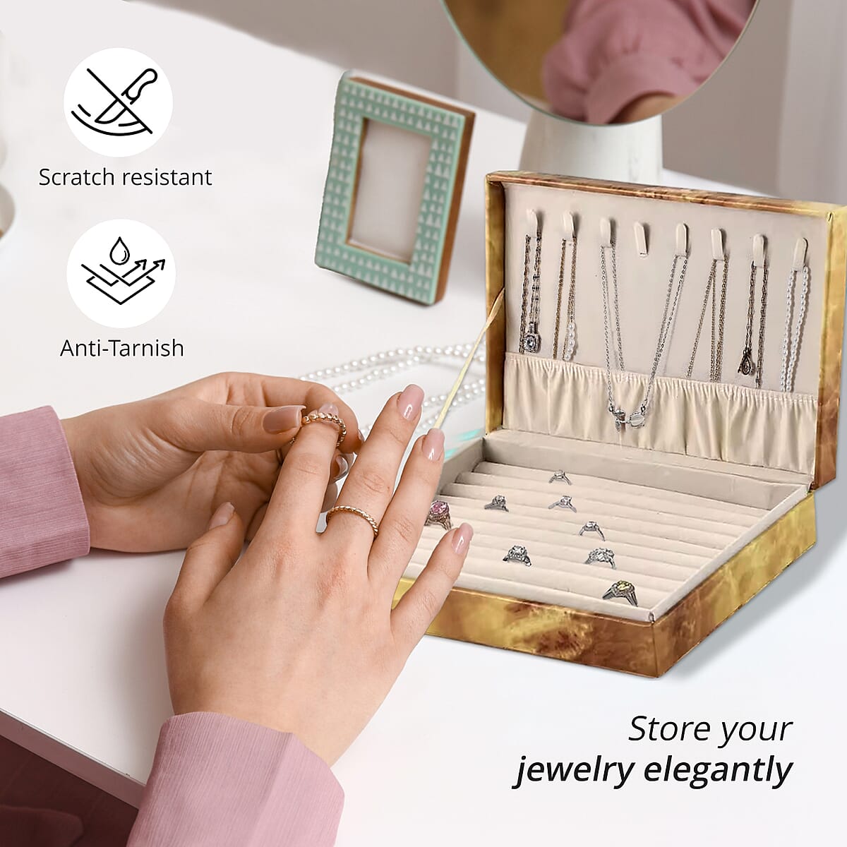 Mustard Marble Pattern Faux Leather Jewelry Organizer Box with Anti Tarnish Lining (8 Necklace Hooks & Hold up to Approx 90-100 Rings) image number 2