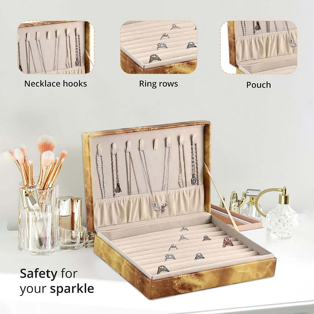 Mustard Marble Pattern Faux Leather Jewelry Organizer Box with Anti Tarnish Lining (8 Necklace Hooks & Hold up to Approx 90-100 Rings) image number 3
