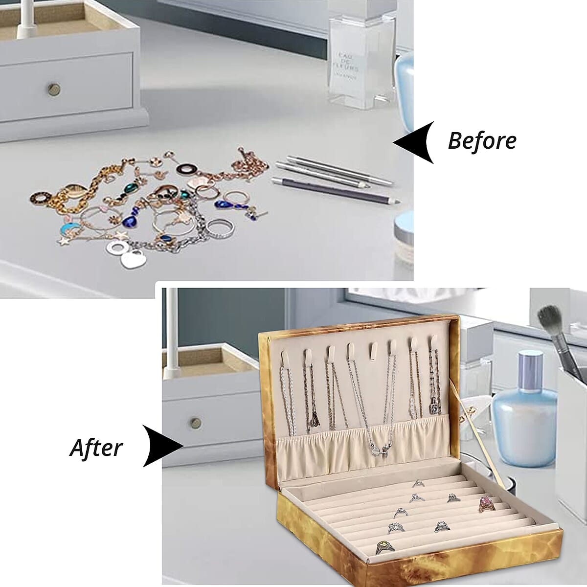 Mustard Marble Pattern Faux Leather Jewelry Organizer Box with Anti Tarnish Lining (8 Necklace Hooks & Hold up to Approx 90-100 Rings) image number 4