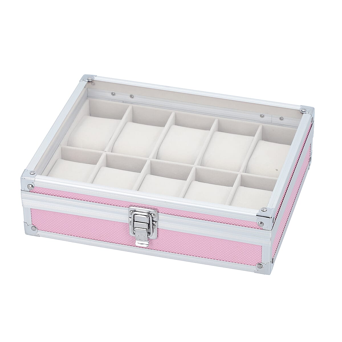 Aluminum 10 Slots Watch Box with Transparent Lid Display & Latch Closure - Pink image number 4