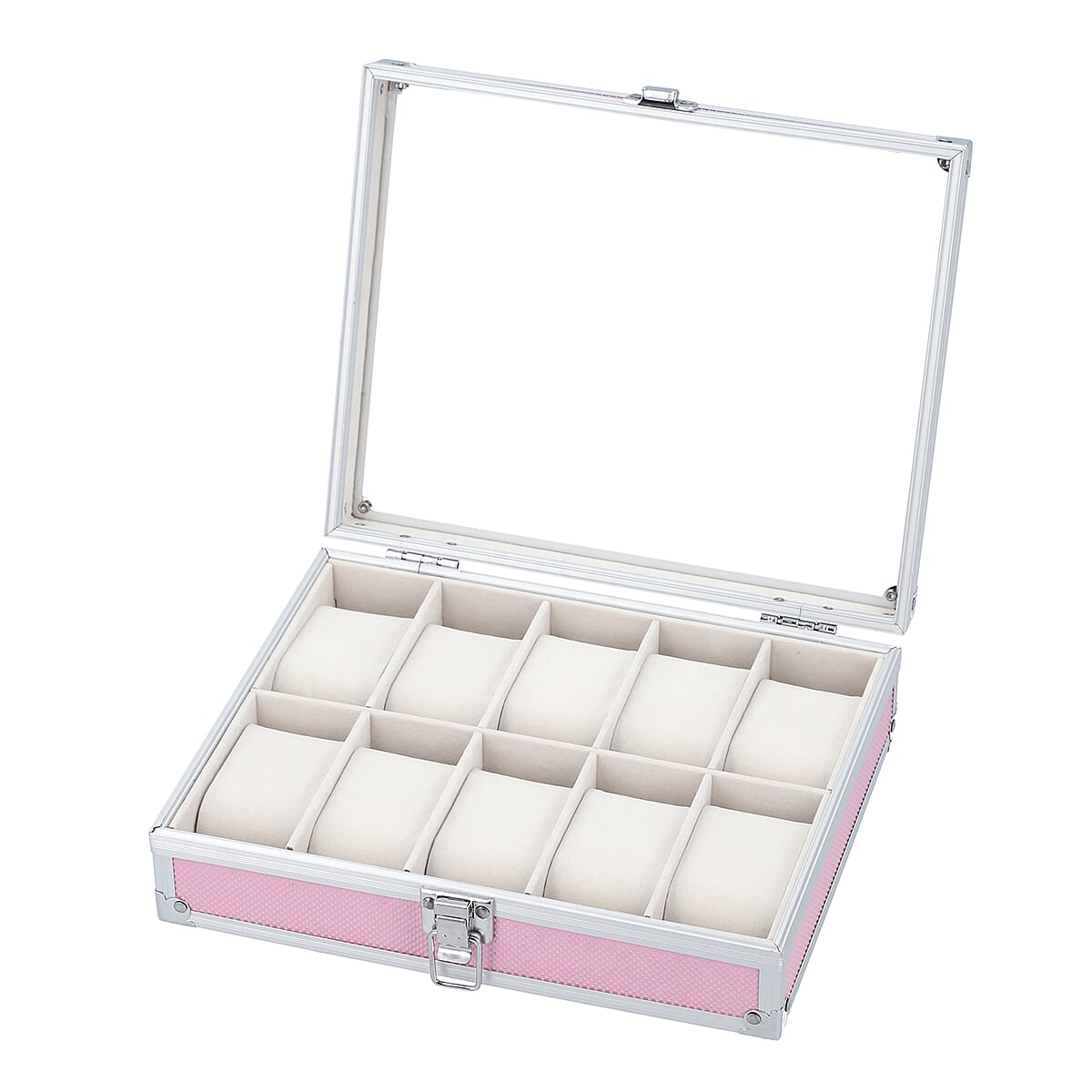 Aluminum 10 Slots Watch Box with Transparent Lid Display & Latch Closure - Pink image number 5