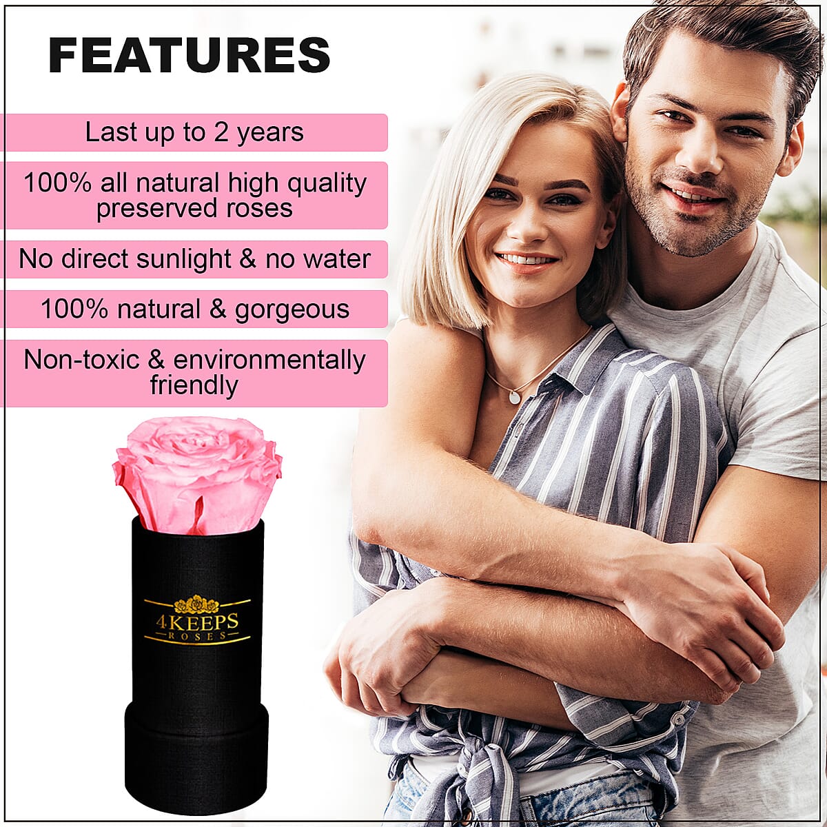 4 Keeps Roses, Real Preserved Baby Pink Rose in Black and Gold Giftbox image number 2