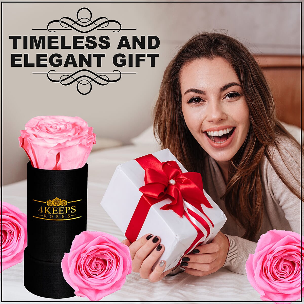 4 Keeps Roses, Real Preserved Baby Pink Rose in Black and Gold Giftbox image number 3