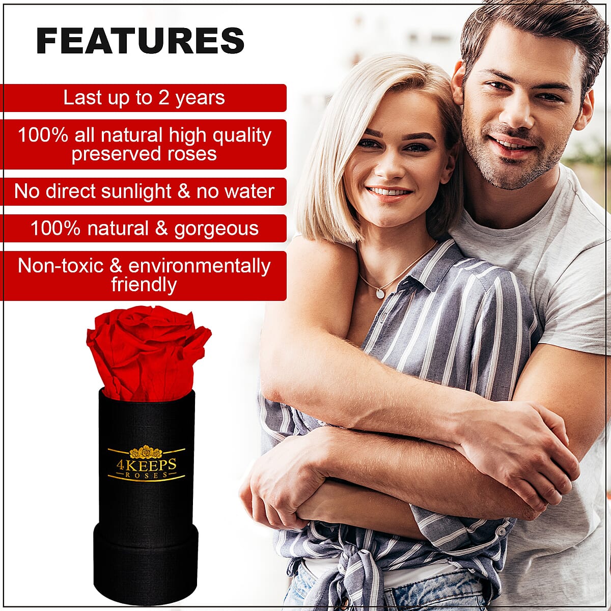 4 Keeps Roses, Real Preserved Red Rose in Black and Gold Giftbox image number 2