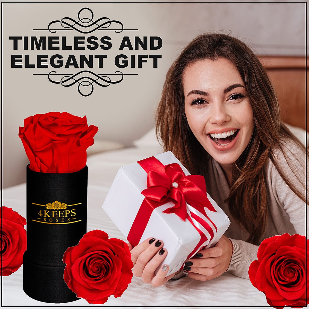 4 Keeps Roses, Real Preserved Red Rose in Black and Gold Giftbox image number 3