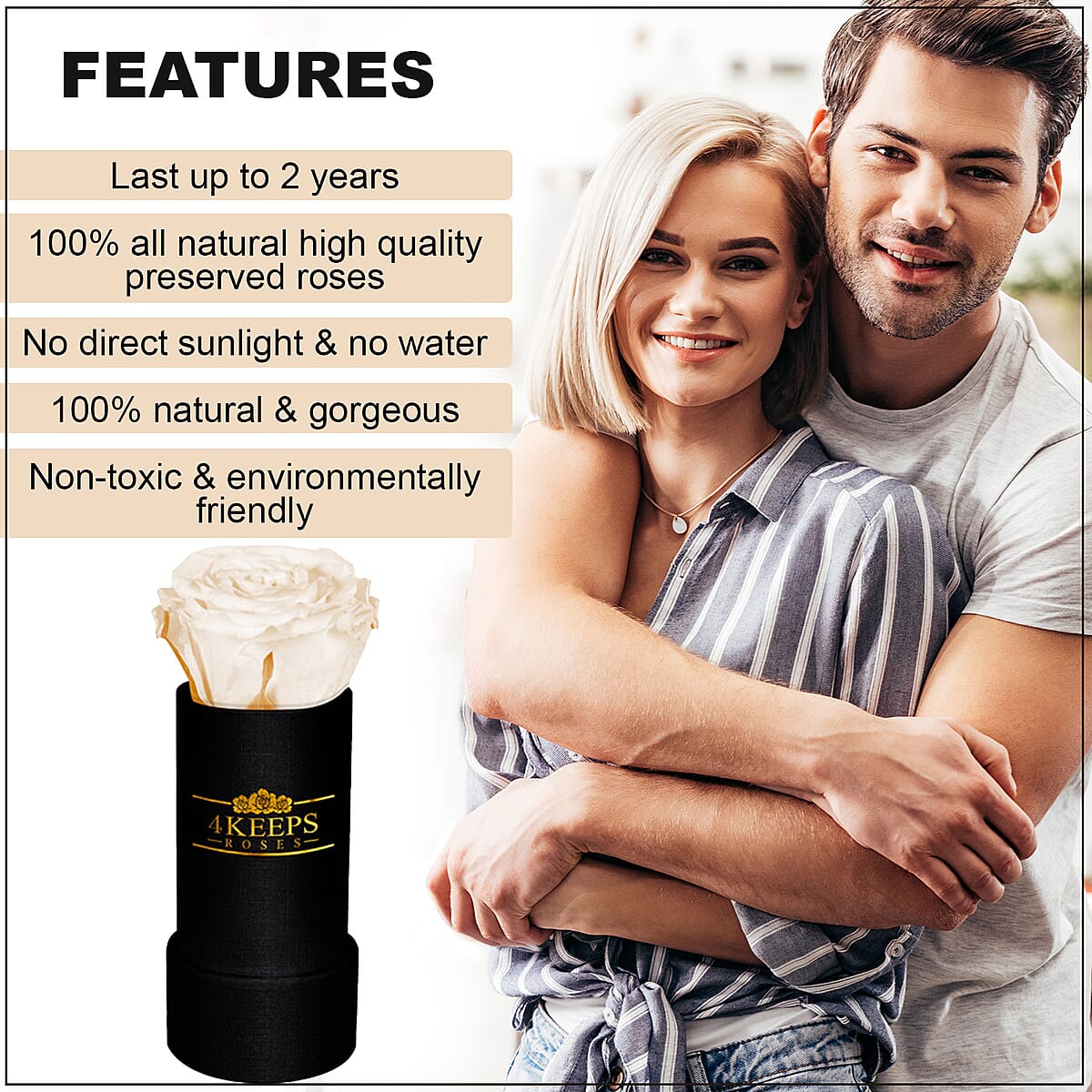 4 Keeps Roses, Real Preserved Snow White Rose in Black and Gold Giftbox image number 2
