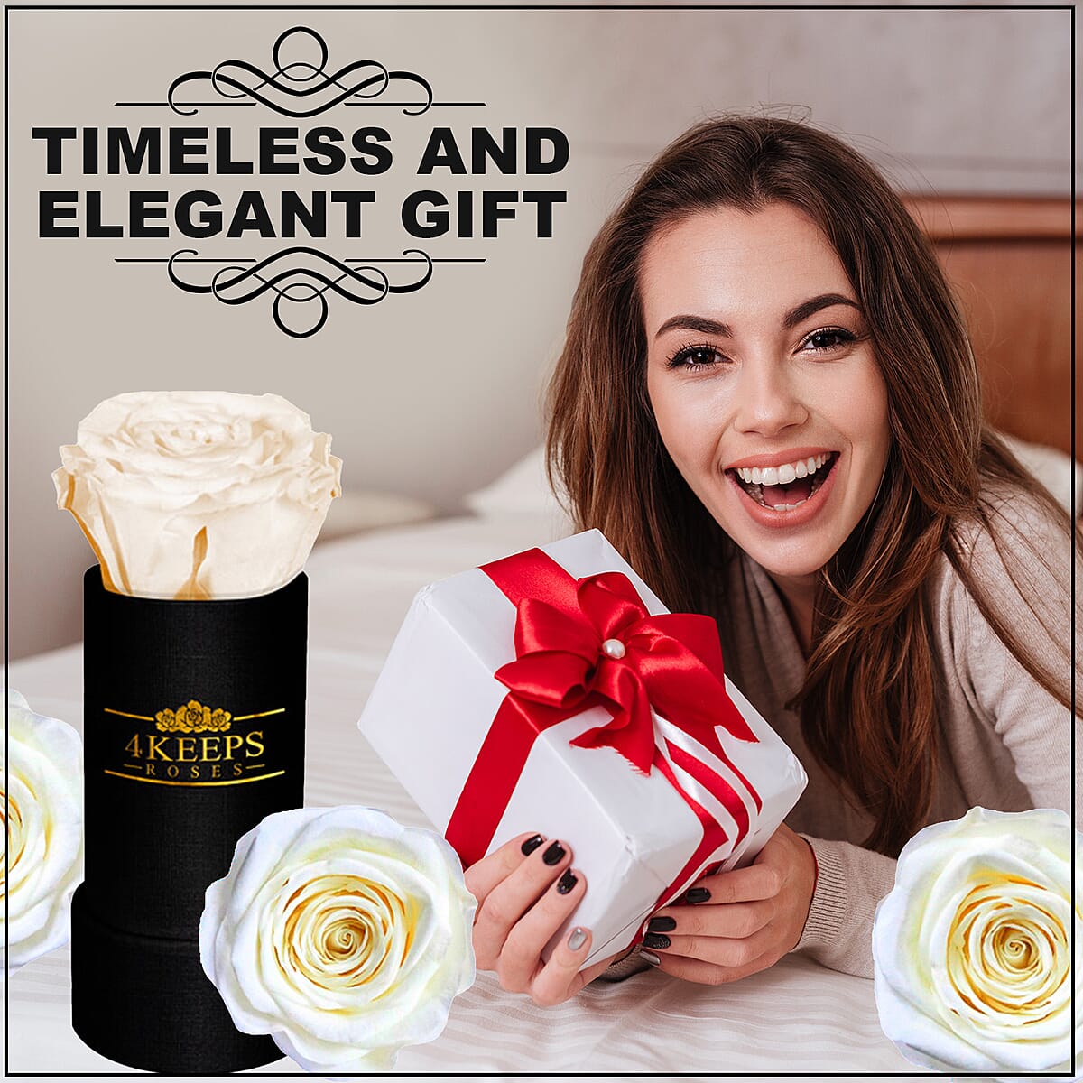4 Keeps Roses, Real Preserved Snow White Rose in Black and Gold Giftbox image number 3