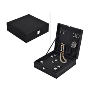 Black Velvet Jewelry Box with Latch Clasp (11 Ring Slot, 6 Hooks for Necklace, Pocket) , Jewelry Storage Box for Women , Travel Jewelry Case
