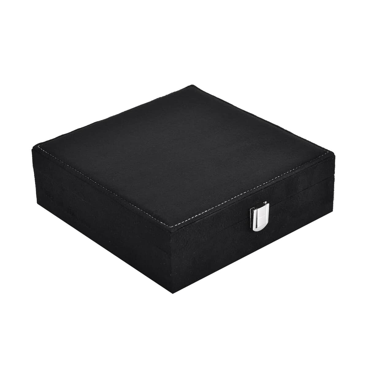 Black Velvet & MDF Jewelry Box with Latch Clasp 7.9"x7.9"x2.6") (11 Ring Slot, 6 Hooks for Necklace, Pocket) image number 1