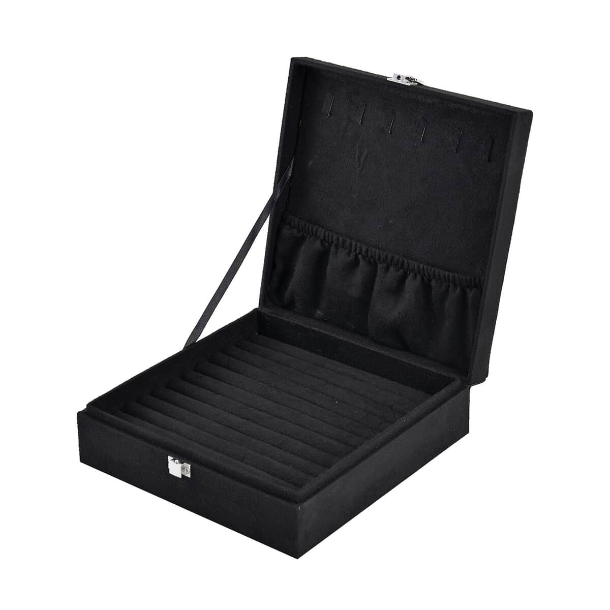 Black Velvet & MDF Jewelry Box with Latch Clasp 7.9"x7.9"x2.6") (11 Ring Slot, 6 Hooks for Necklace, Pocket) image number 3