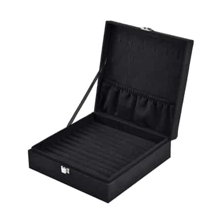 D) Black Leather Jewelry Box with Grey Velvet Interior, New Year Gift