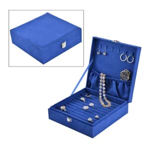 Royal Blue Velvet Jewelry Box with Latch Clasp (11 Ring Slot, 6 Hooks for Necklace, Pocket) | Jewelry Storage Box for Women | Travel Jewelry Case