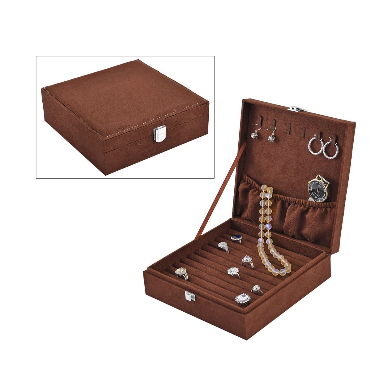 Dark Brown Velvet Anti Tarnish Jewelry Box with Latch Clasp (11 Ring Slot, 6 Hooks for Necklace, Pocket) image number 0