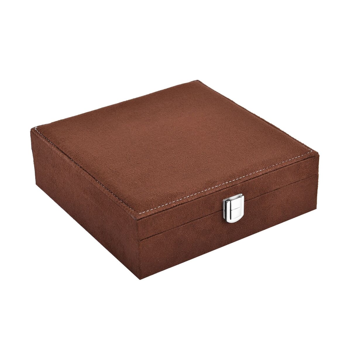 Dark Brown Velvet Anti Tarnish Jewelry Box with Latch Clasp (11 Ring Slot, 6 Hooks for Necklace, Pocket) image number 1