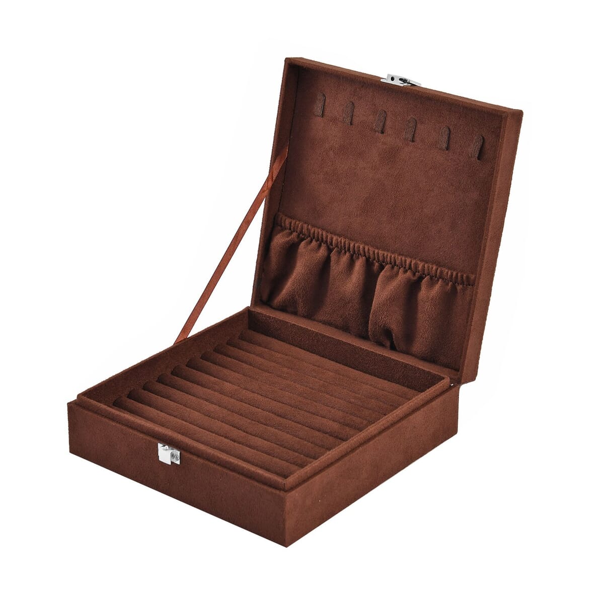 Dark Brown Velvet Anti Tarnish Jewelry Box with Latch Clasp (11 Ring Slot, 6 Hooks for Necklace, Pocket) image number 3