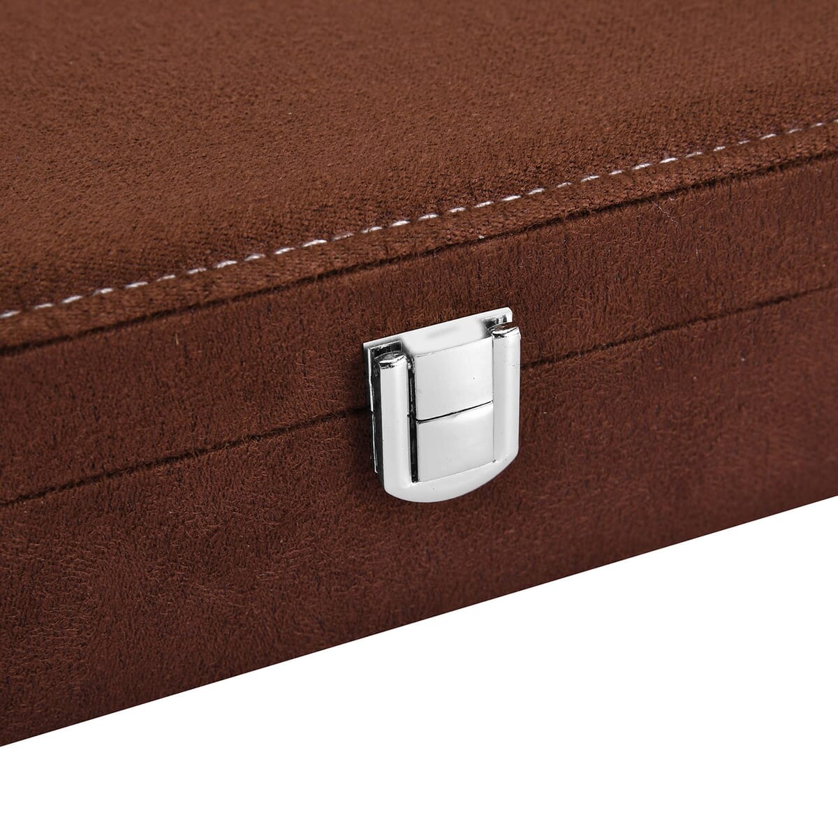 Dark Brown Velvet Anti Tarnish Jewelry Box with Latch Clasp (11 Ring Slot, 6 Hooks for Necklace, Pocket) image number 4