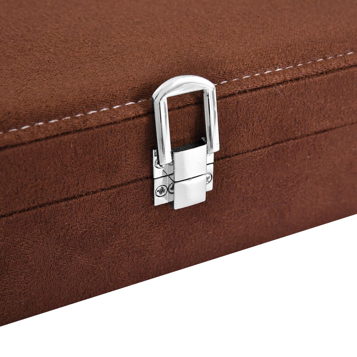 Dark Brown Velvet Anti Tarnish Jewelry Box with Latch Clasp (11 Ring Slot, 6 Hooks for Necklace, Pocket) image number 5