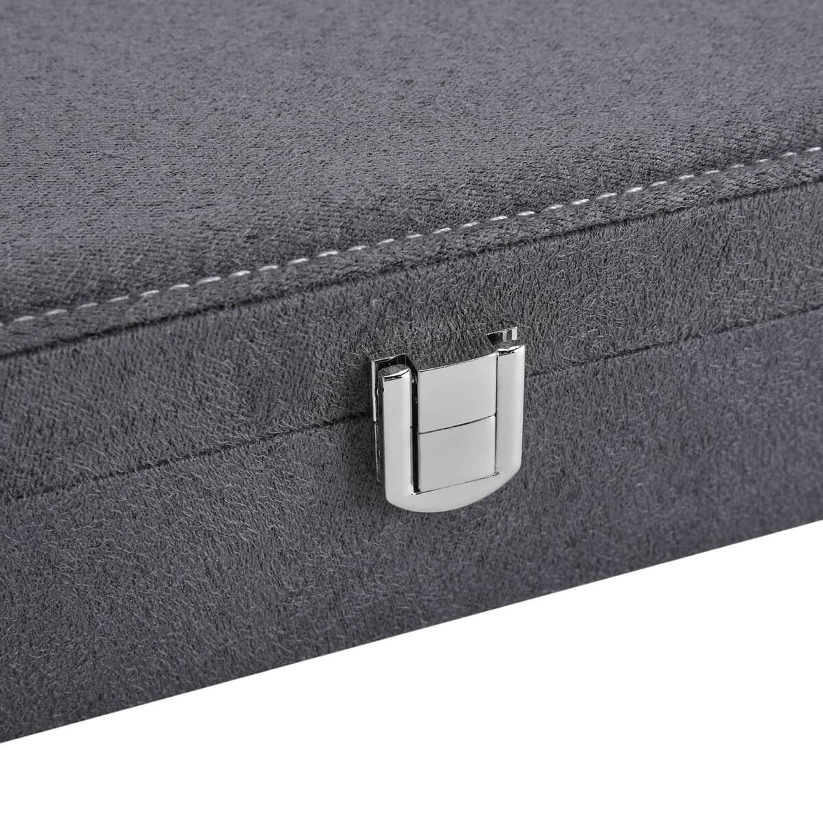 Gray Velvet Jewelry Box with Latch Clasp (11 Ring Slot, 6 Hooks for Necklace, Pocket) | Jewelry Storage Box for Women | Travel Jewelry Case image number 5