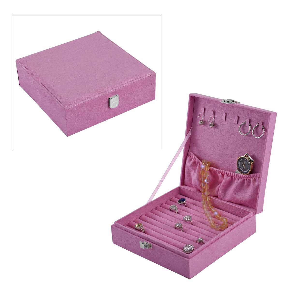 Pink Velvet Jewelry Box with Latch Clasp (11 Ring Slot, 6 Hooks for Necklace, Pocket) | Jewelry Storage Box for Women | Travel Jewelry Case image number 0