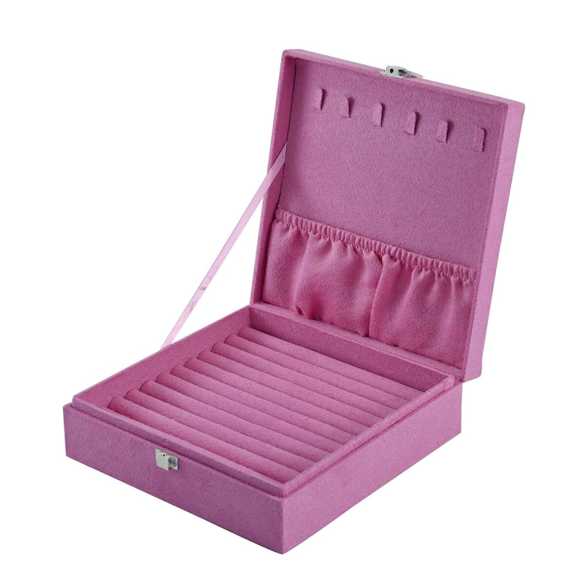 Pink Velvet Jewelry Box with Latch Clasp (11 Ring Slot, 6 Hooks for Necklace, Pocket) | Jewelry Storage Box for Women | Travel Jewelry Case image number 3