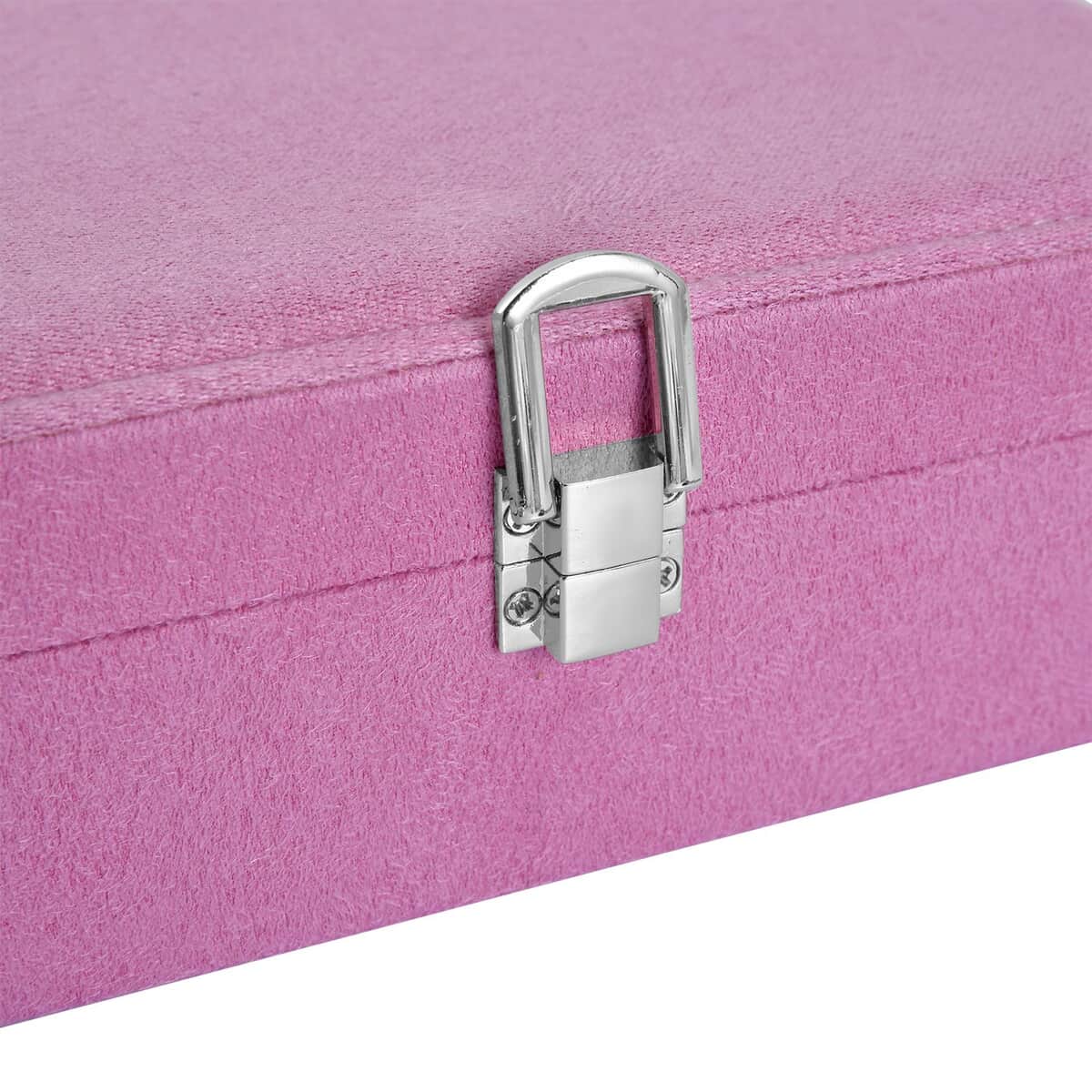 Pink Velvet Jewelry Box with Latch Clasp (11 Ring Slot, 6 Hooks for Necklace, Pocket) | Jewelry Storage Box for Women | Travel Jewelry Case image number 4