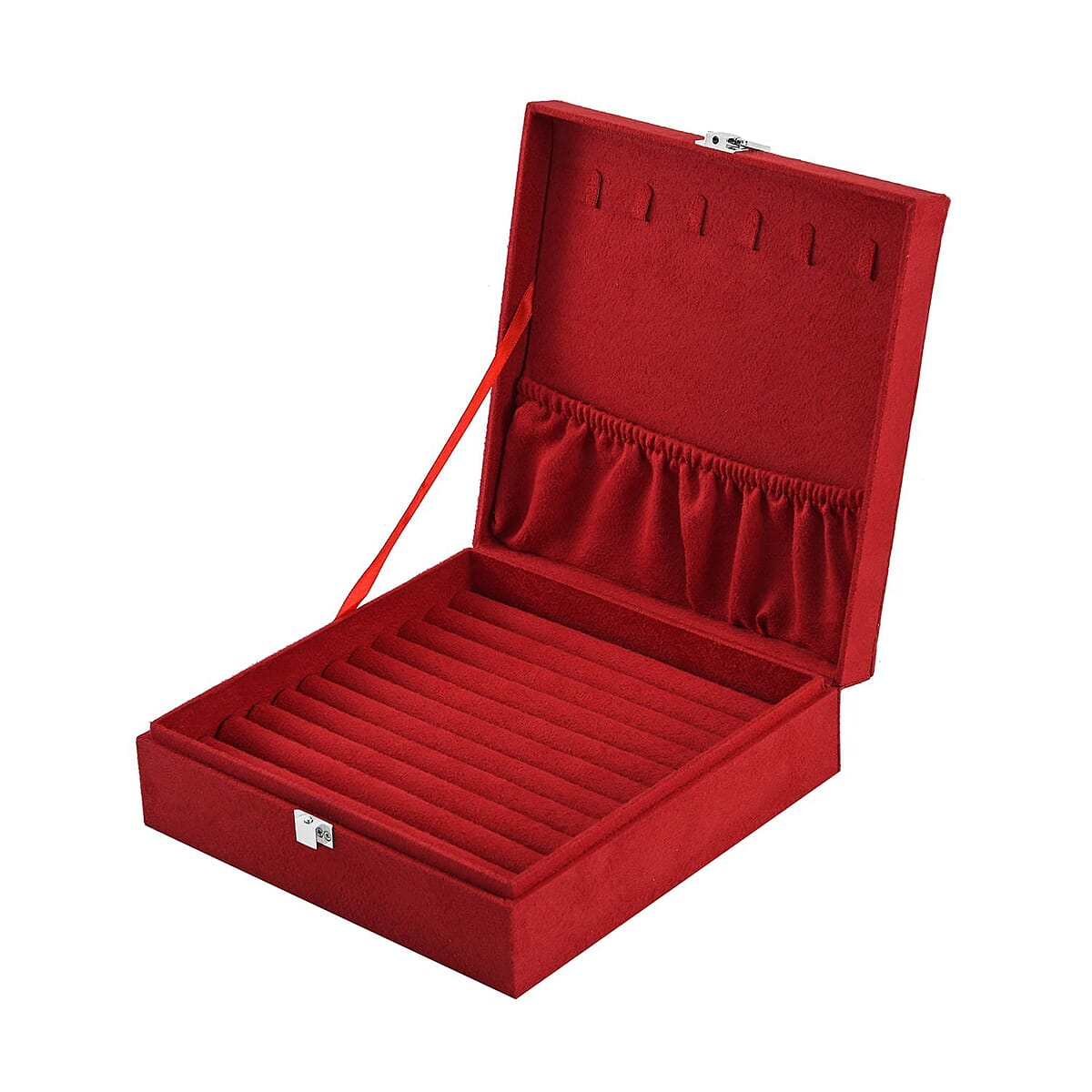 Wine Red Velvet Anti Tarnish Jewelry Box with Latch Clasp (11 Ring Slot, 6 Hooks for Necklace, Pocket) , Jewelry Storage Box for Women , Travel Jewelry Case image number 3