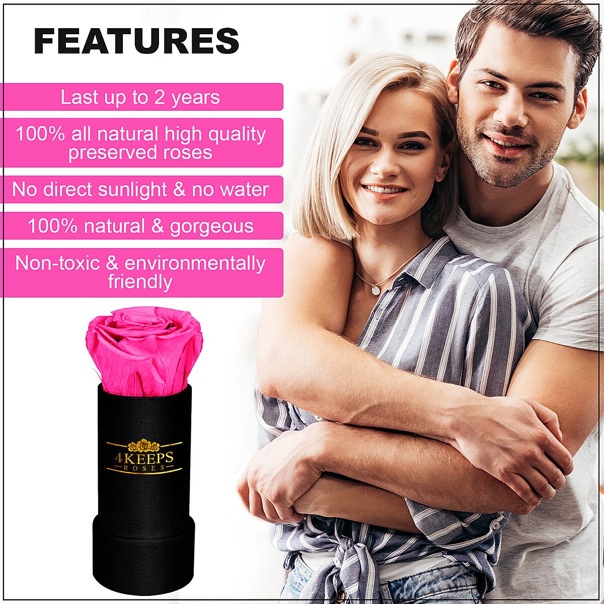 4 Keeps Roses, Real Preserved Hot Pink Rose in Black and Gold Giftbox image number 2