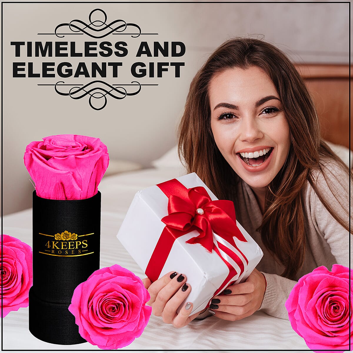 4 Keeps Roses, Real Preserved Hot Pink Rose in Black and Gold Giftbox image number 3