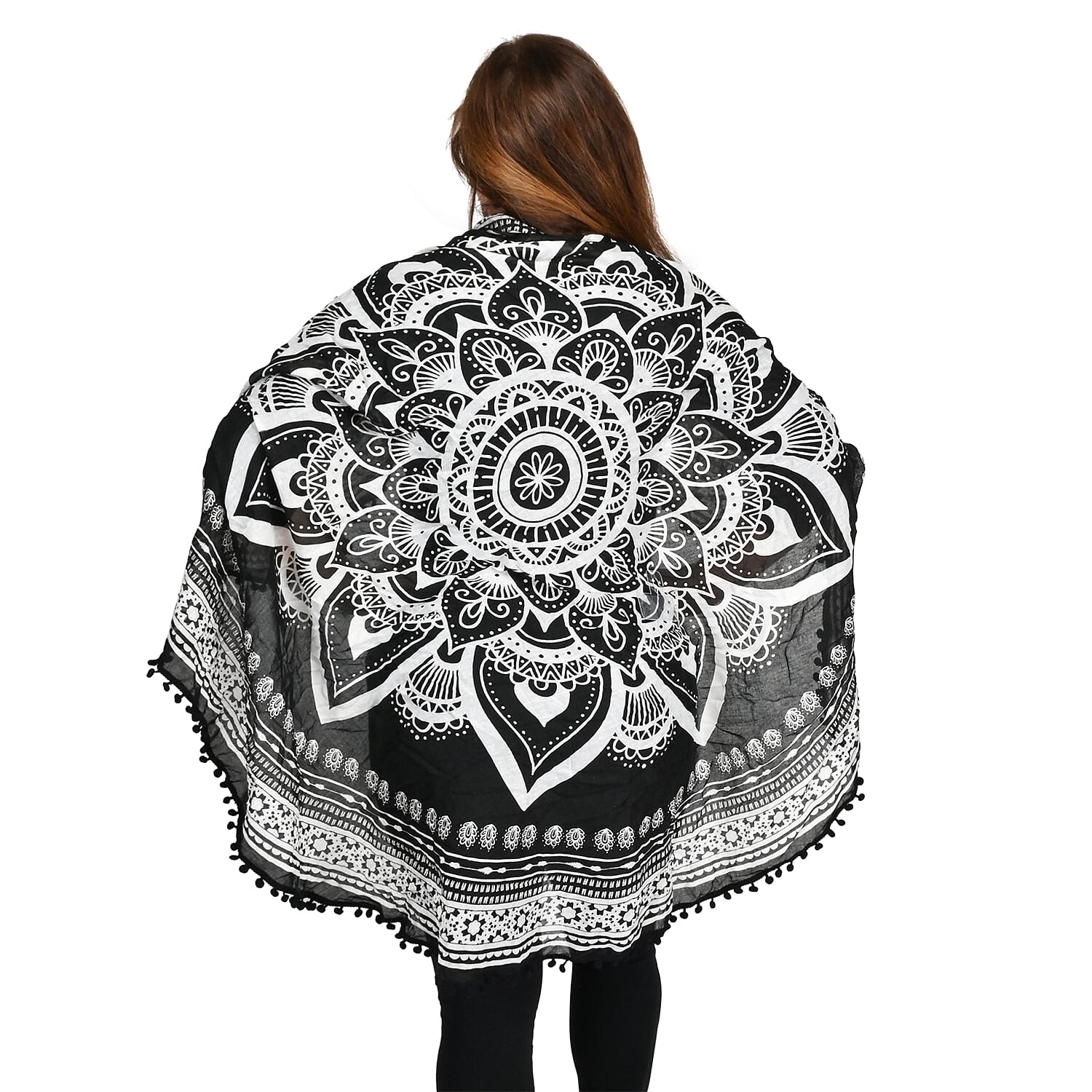 Black and White Pattern Scarf with Pom Pom Trim