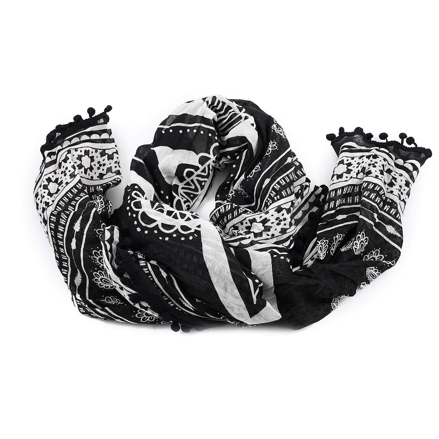 Black and White Pattern Scarf with Pom Pom Trim